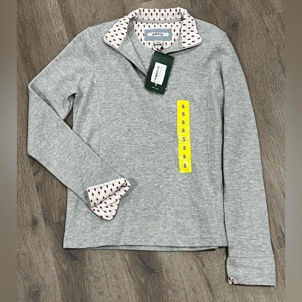 NWT Women’s Orvis Small Gray Quarter Zip Sweater Pattern Cuff Collar Rose Tree - Picture 2 of 10
